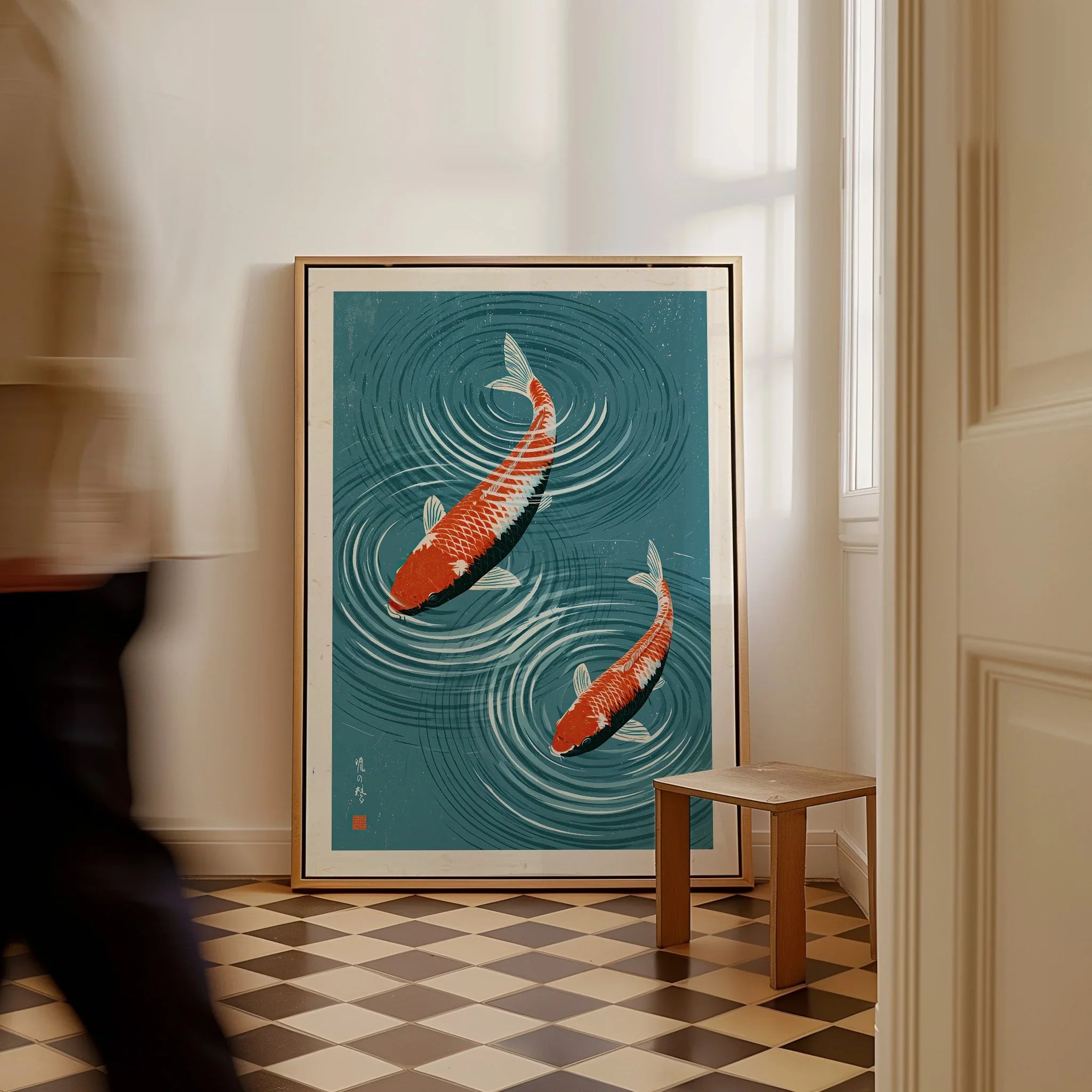 Japanese Koi Fish Art Print – Blue Water Wall Art — framed canvas on floor man walking past
