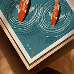 Japanese Koi Fish Art Print – Blue Water Wall Art — closeup framed canvas natural wood floating frame