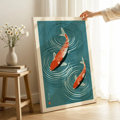 Japanese Koi Fish Art Print – Blue Water Wall Art — canvas print mirror edge hand holding room setting