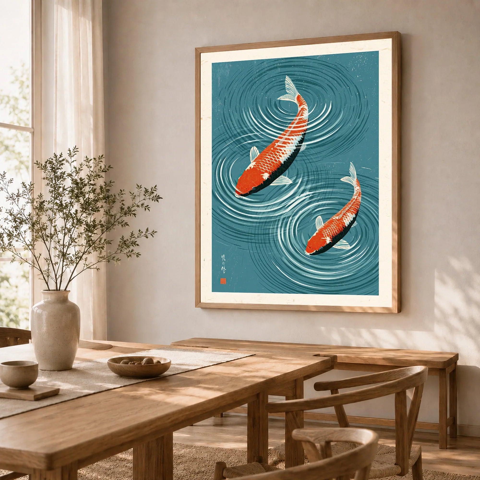 Japanese Koi Fish Art Print – Blue Water Wall Art — dining room framed print natural wood frame