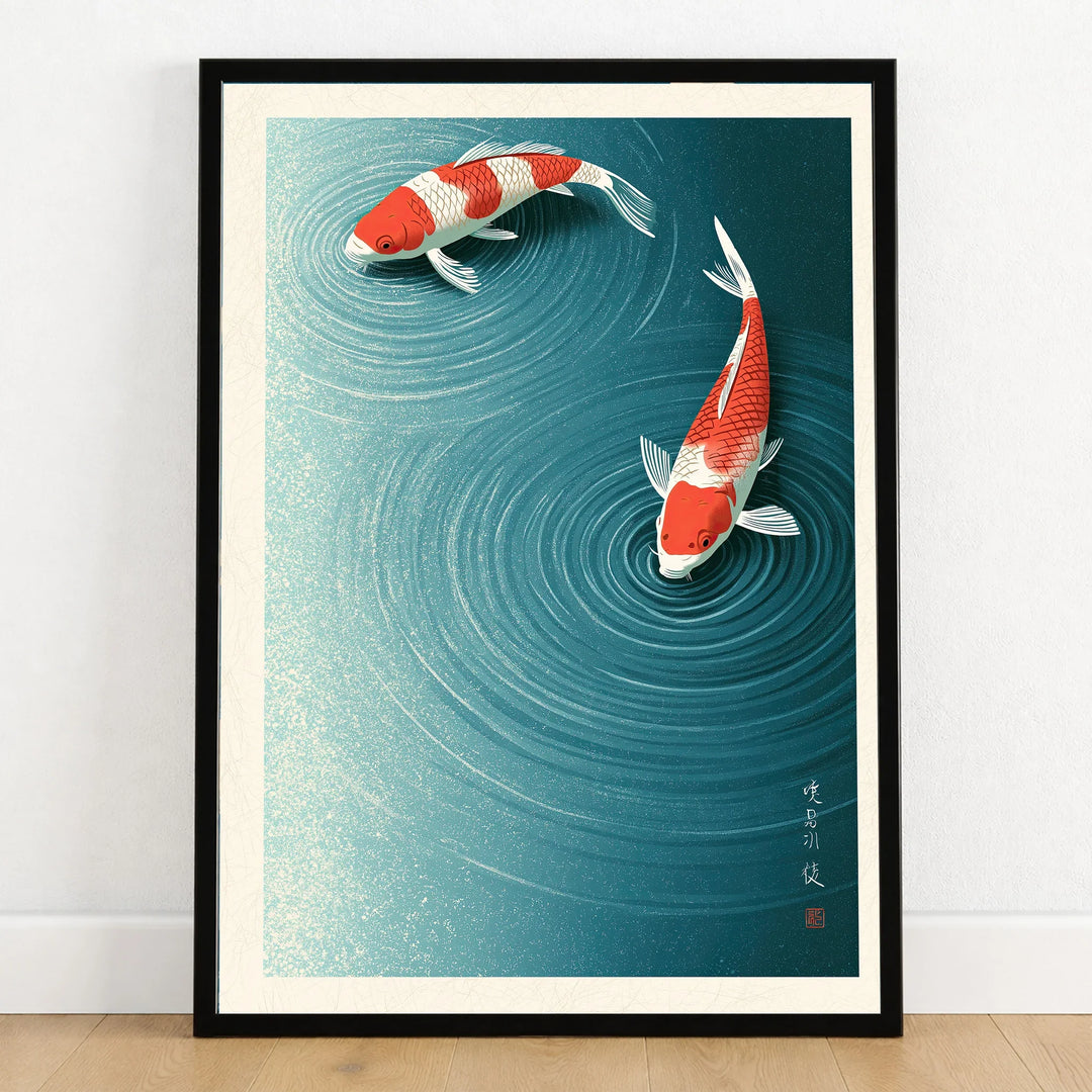 Japanese Koi Wall Art – Vintage Blue Pond Art Print — art print in black frame on wooden floor