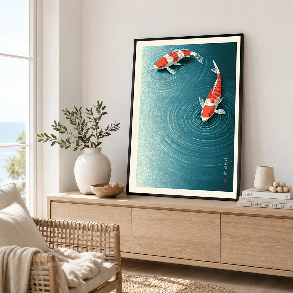 Japanese Koi Wall Art – Vintage Blue Pond Art Print — framed artwork living room lifestyle setting