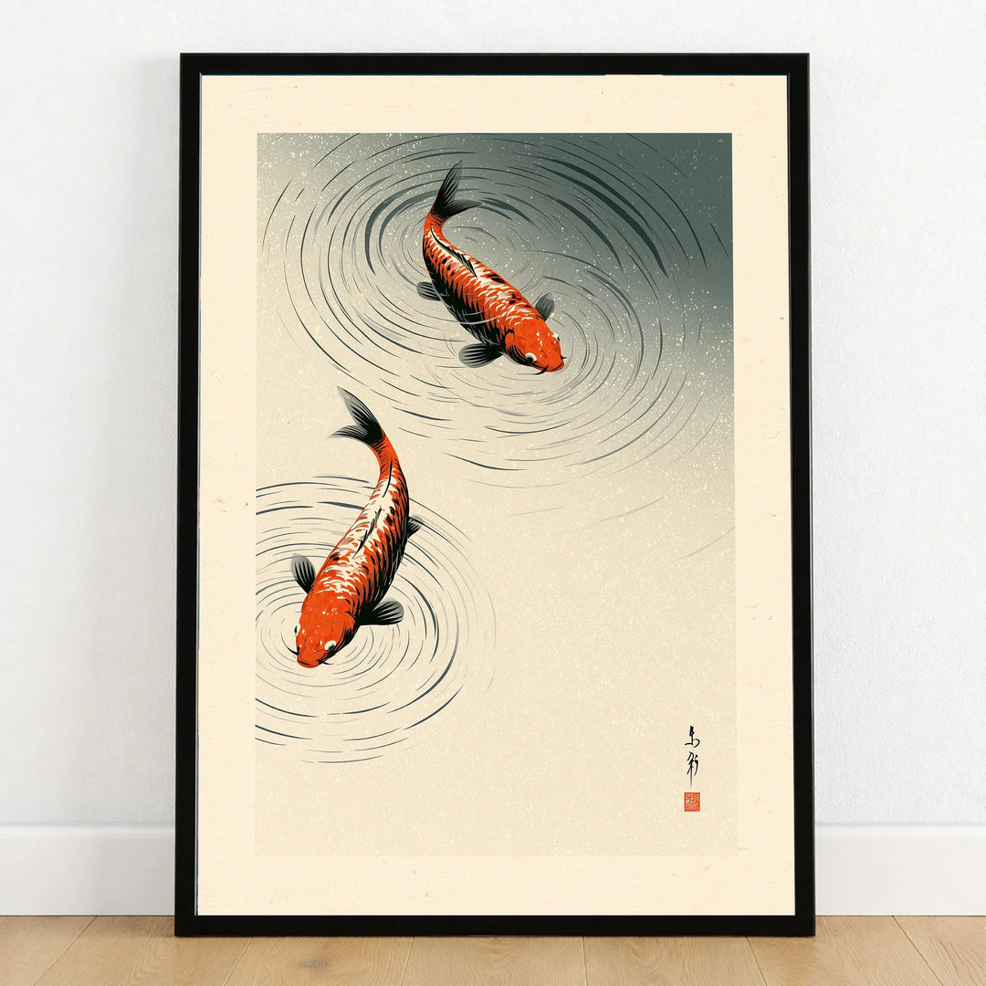 Japanese Koi Fish Print – Minimal Vintage Wall Art — art print in black frame on wooden floor