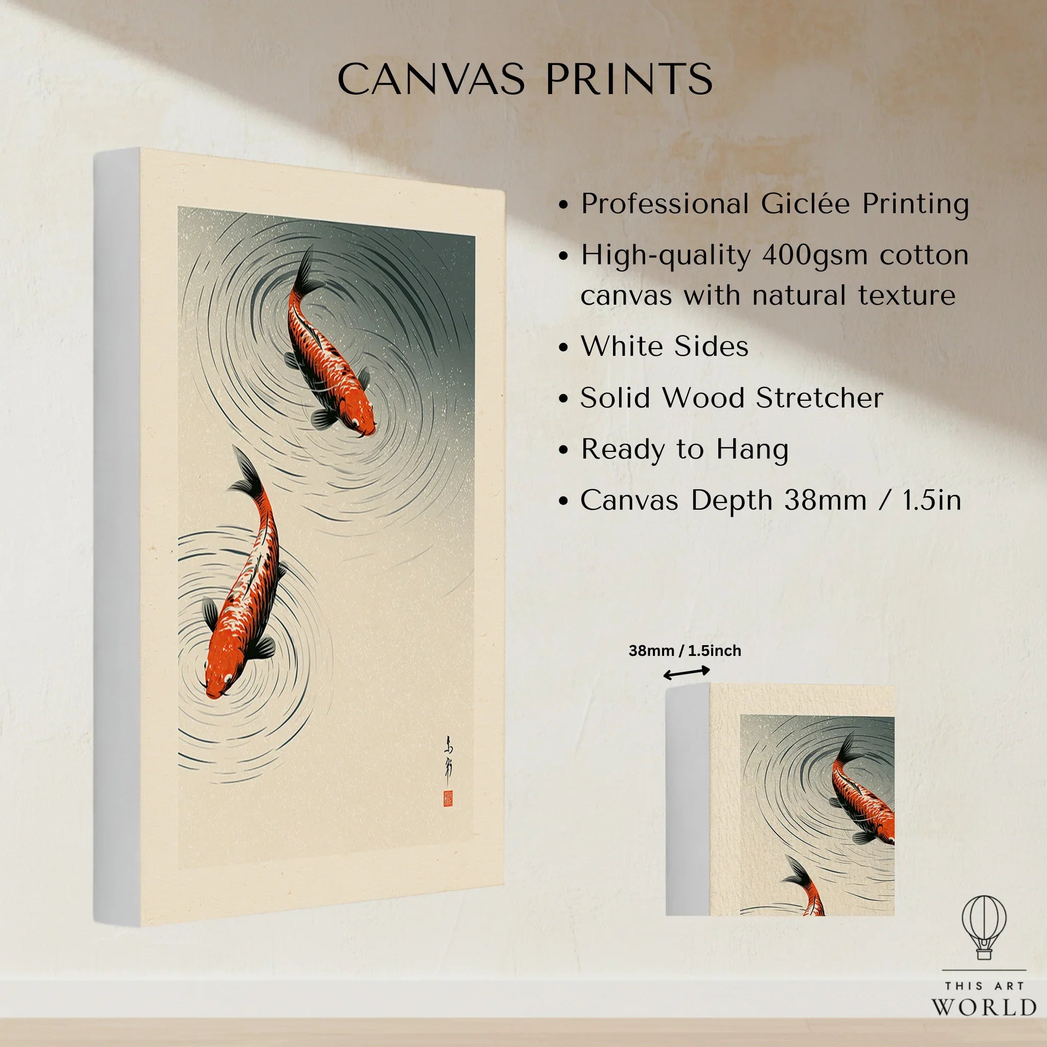 Japanese Koi Fish Print – Minimal Vintage Wall Art — canvas print stretched cotton canvas details