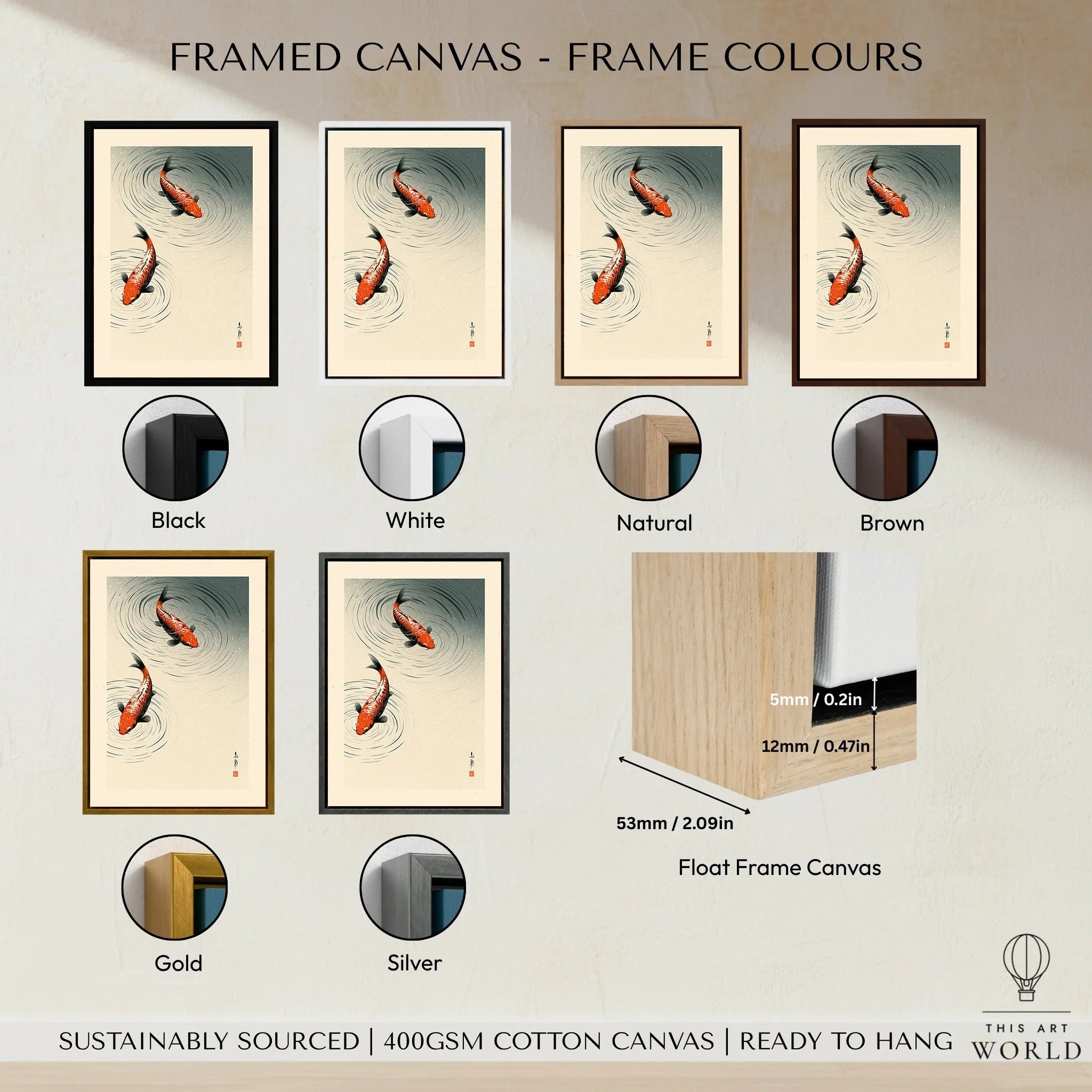 Japanese Koi Fish Print – Minimal Vintage Wall Art — framed canvas float frame colour options