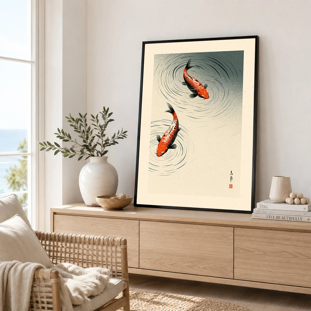 Japanese Koi Fish Print – Minimal Vintage Wall Art — framed artwork living room lifestyle setting
