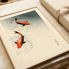 Japanese Koi Fish Print – Minimal Vintage Wall Art — framed art print closeup gift unwrapped natural frame