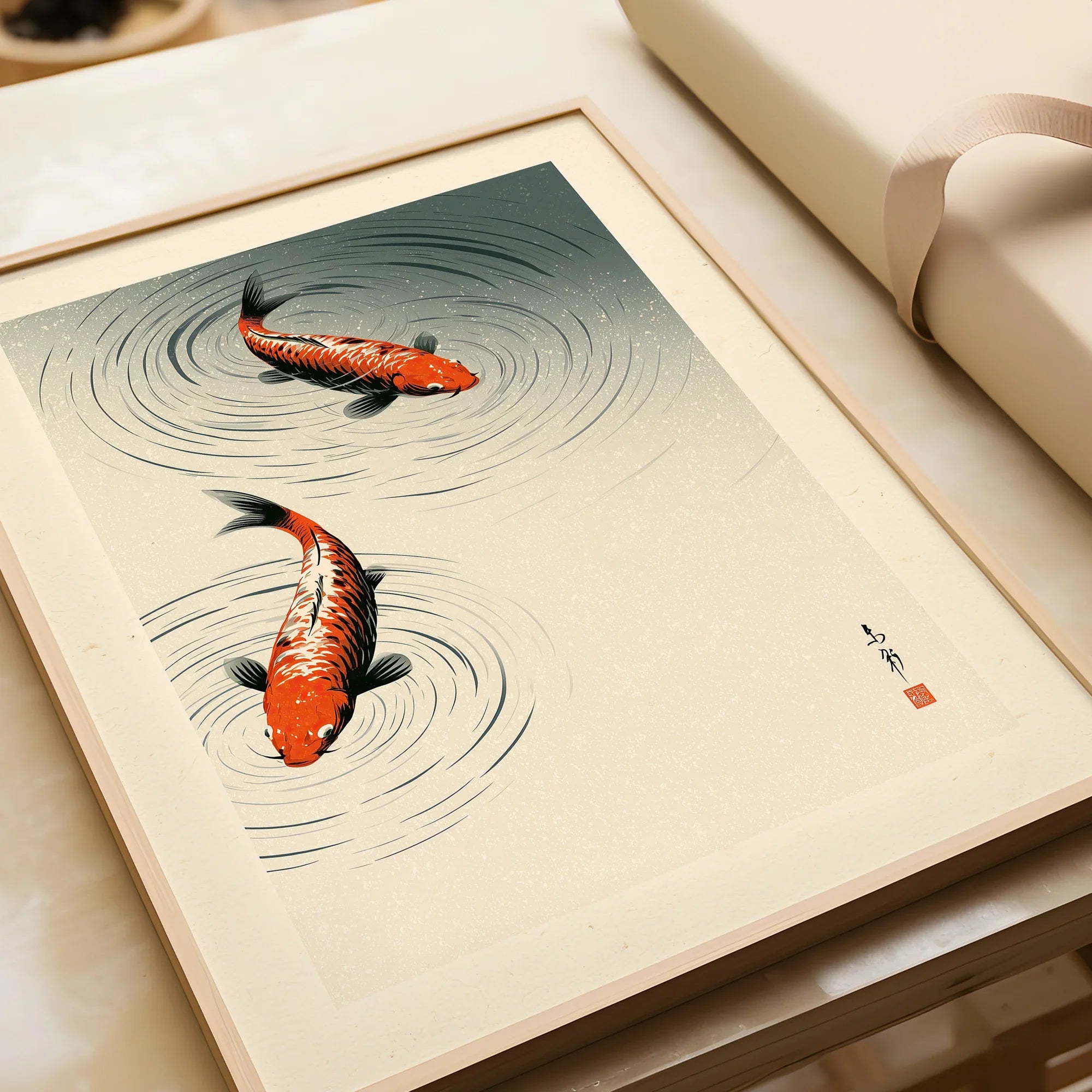 Japanese Koi Fish Print – Minimal Vintage Wall Art — framed art print closeup gift unwrapped natural frame