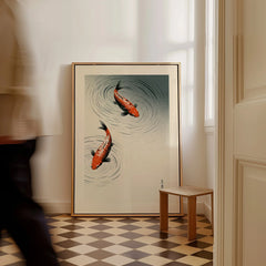 Japanese Koi Fish Print – Minimal Vintage Wall Art — framed canvas on floor man walking past