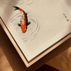 Japanese Koi Fish Print – Minimal Vintage Wall Art — closeup framed canvas natural wood floating frame