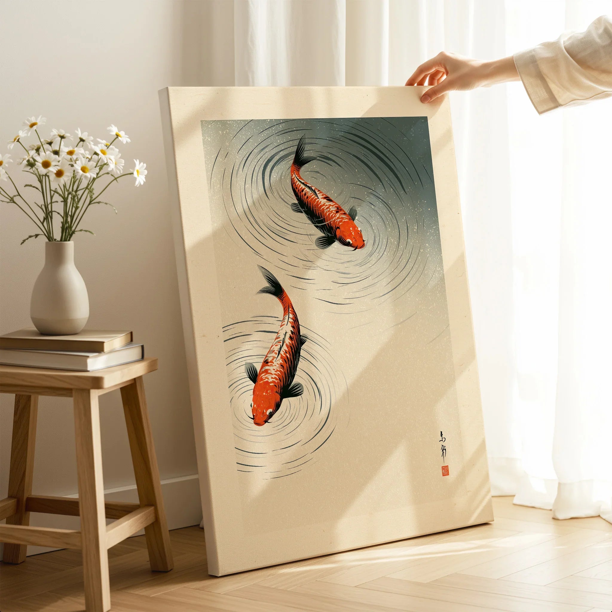 Japanese Koi Fish Print – Minimal Vintage Wall Art — canvas print mirror edge hand holding room setting
