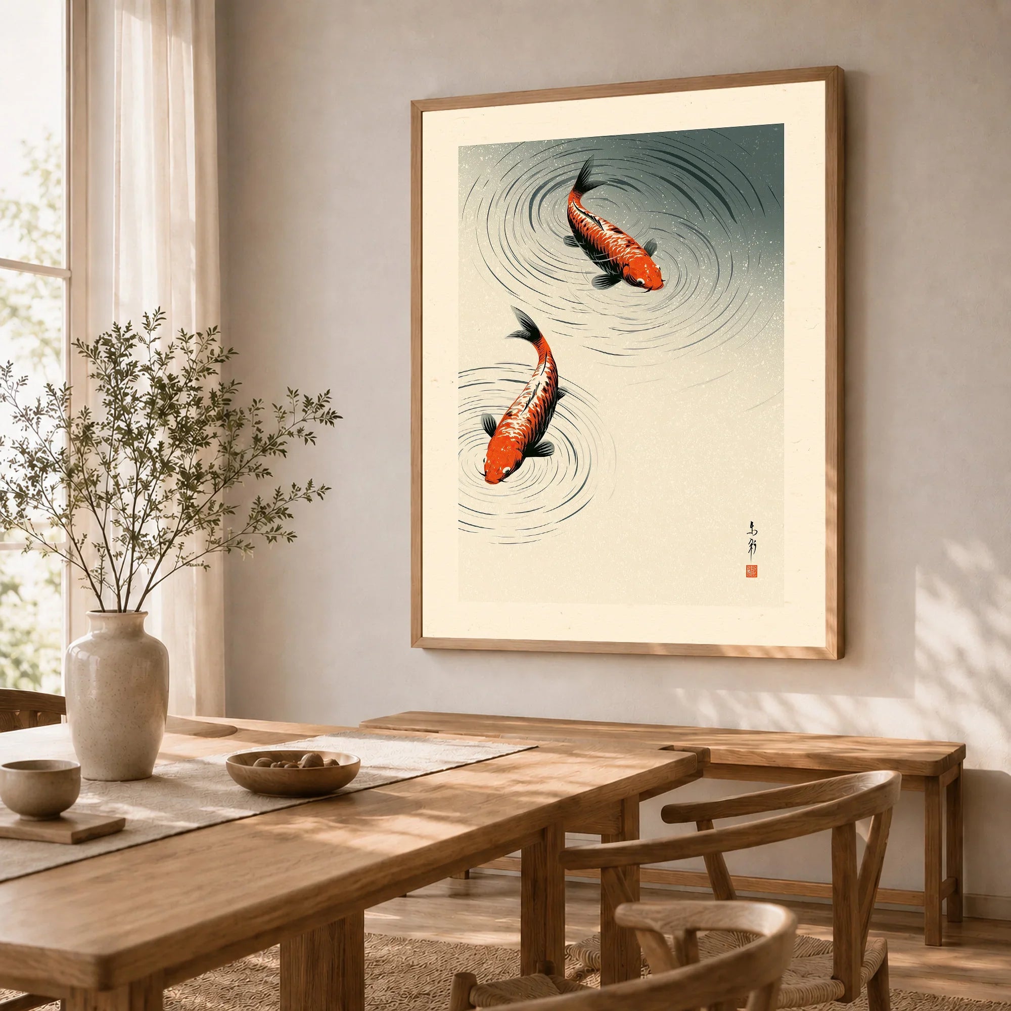 Japanese Koi Fish Print – Minimal Vintage Wall Art — dining room framed print natural wood frame