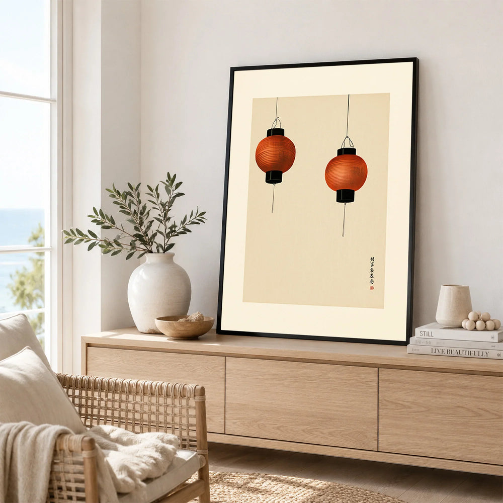 Japanese Lantern Art Print – Minimal Vintage Japan Wall Art — framed artwork living room lifestyle setting