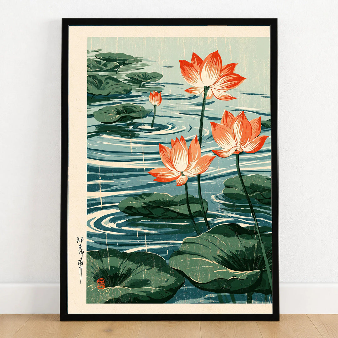 Japanese Lotus Pond Art Print – Vintage Botanical Wall Art — art print in black frame on wooden floor