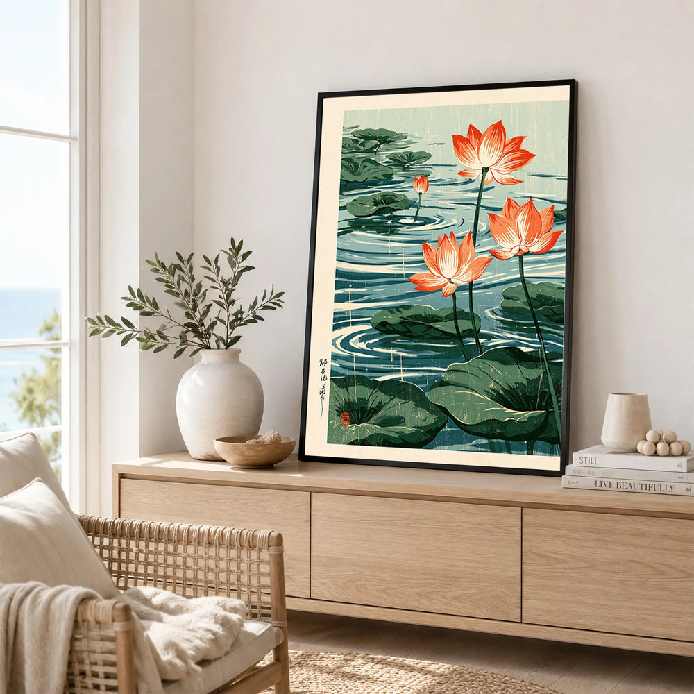 Japanese Lotus Pond Art Print – Vintage Botanical Wall Art — framed artwork living room lifestyle setting