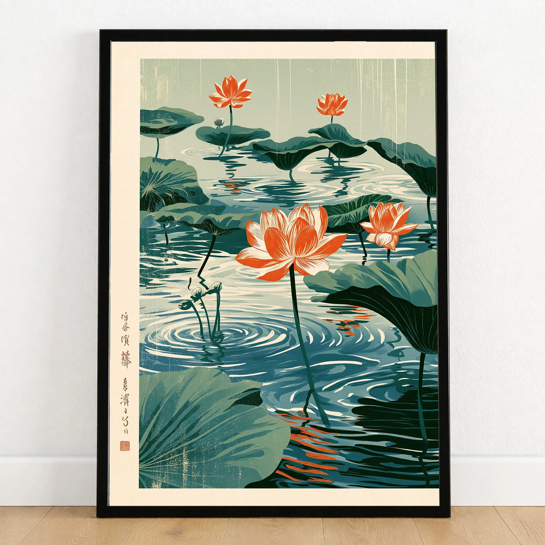 Japanese Lotus Flower Art Print – Vintage Pond Wall Art — art print in black frame on wooden floor
