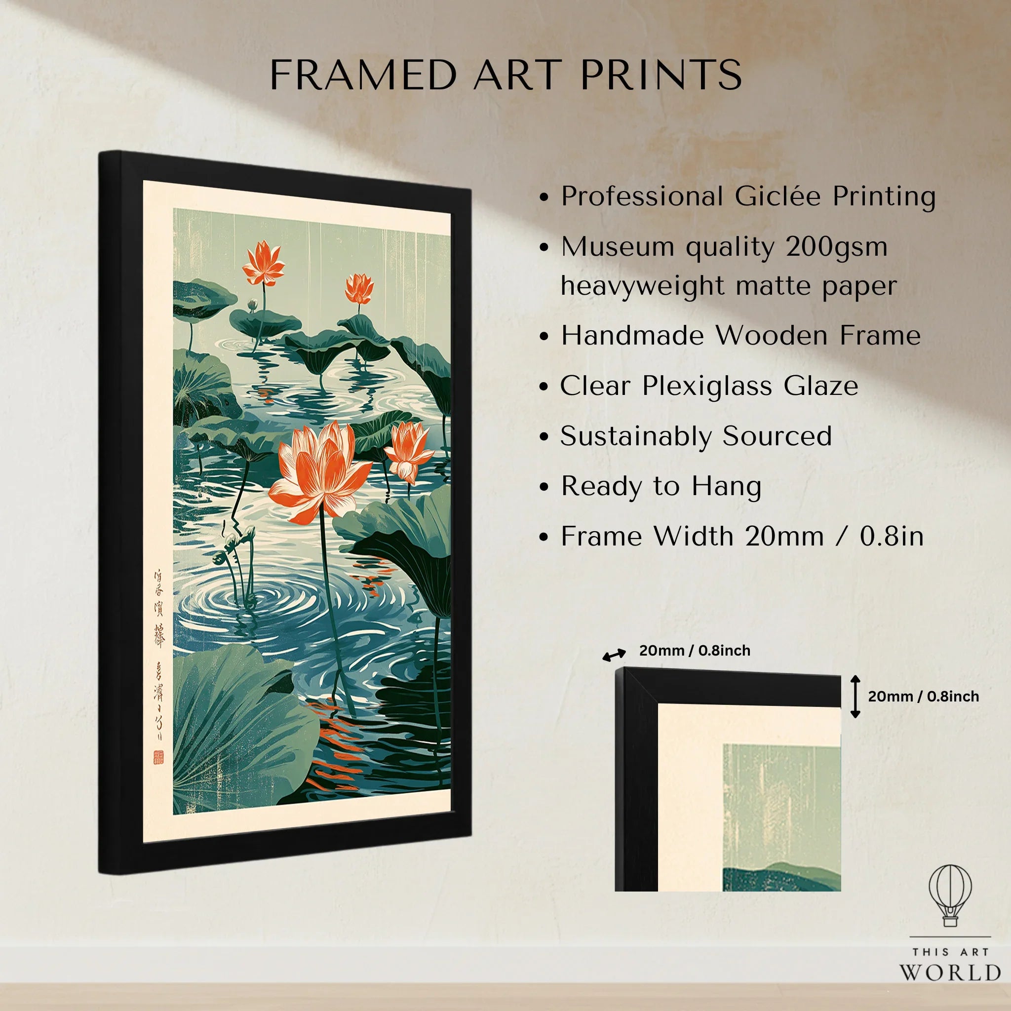 Japanese Lotus Flower Art Print – Vintage Pond Wall Art — framed print details measurements quality details