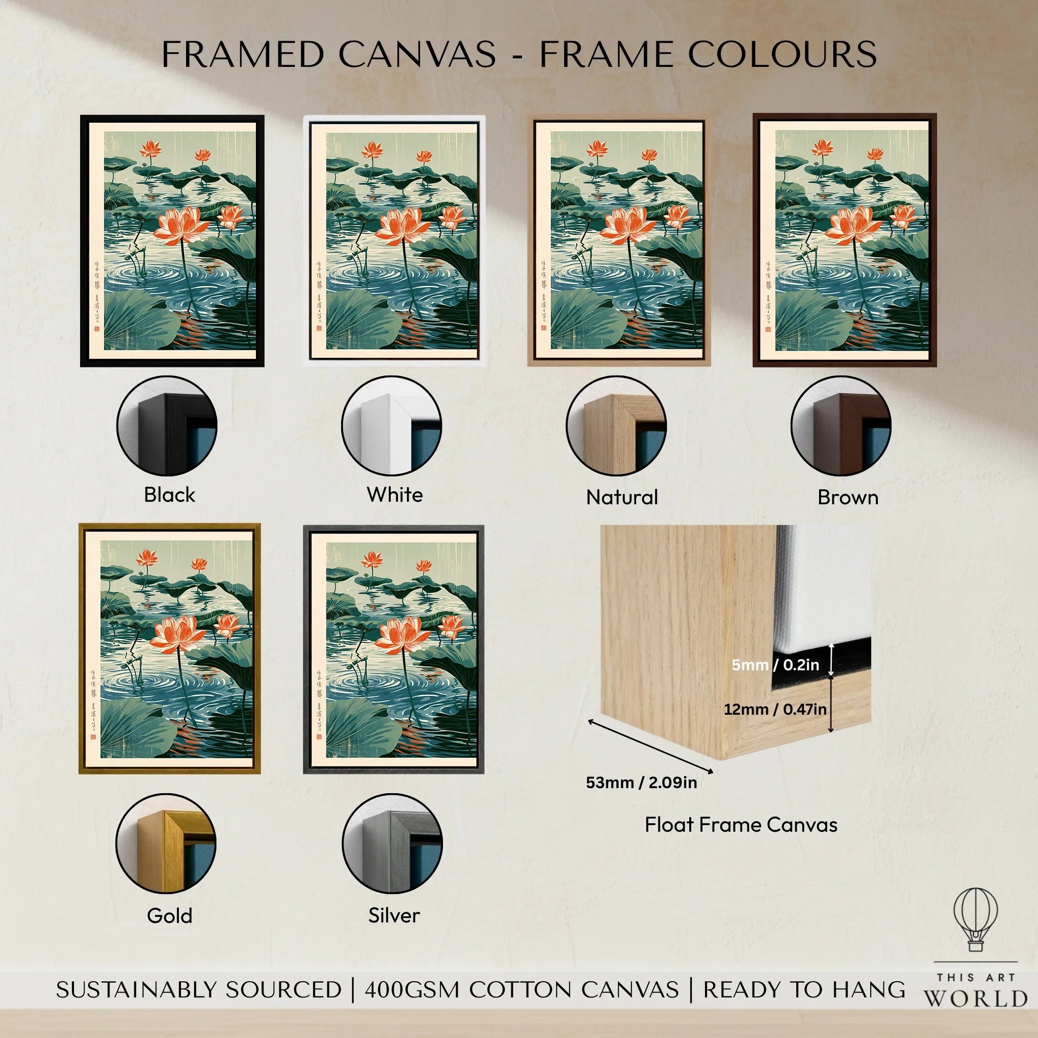 Japanese Lotus Flower Art Print – Vintage Pond Wall Art — framed canvas float frame colour options