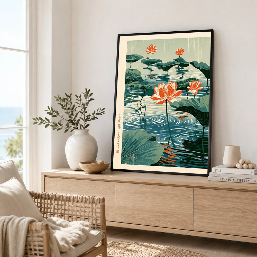 Japanese Lotus Flower Art Print – Vintage Pond Wall Art — framed artwork living room lifestyle setting