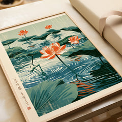 Japanese Lotus Flower Art Print – Vintage Pond Wall Art — framed art print closeup gift unwrapped natural frame