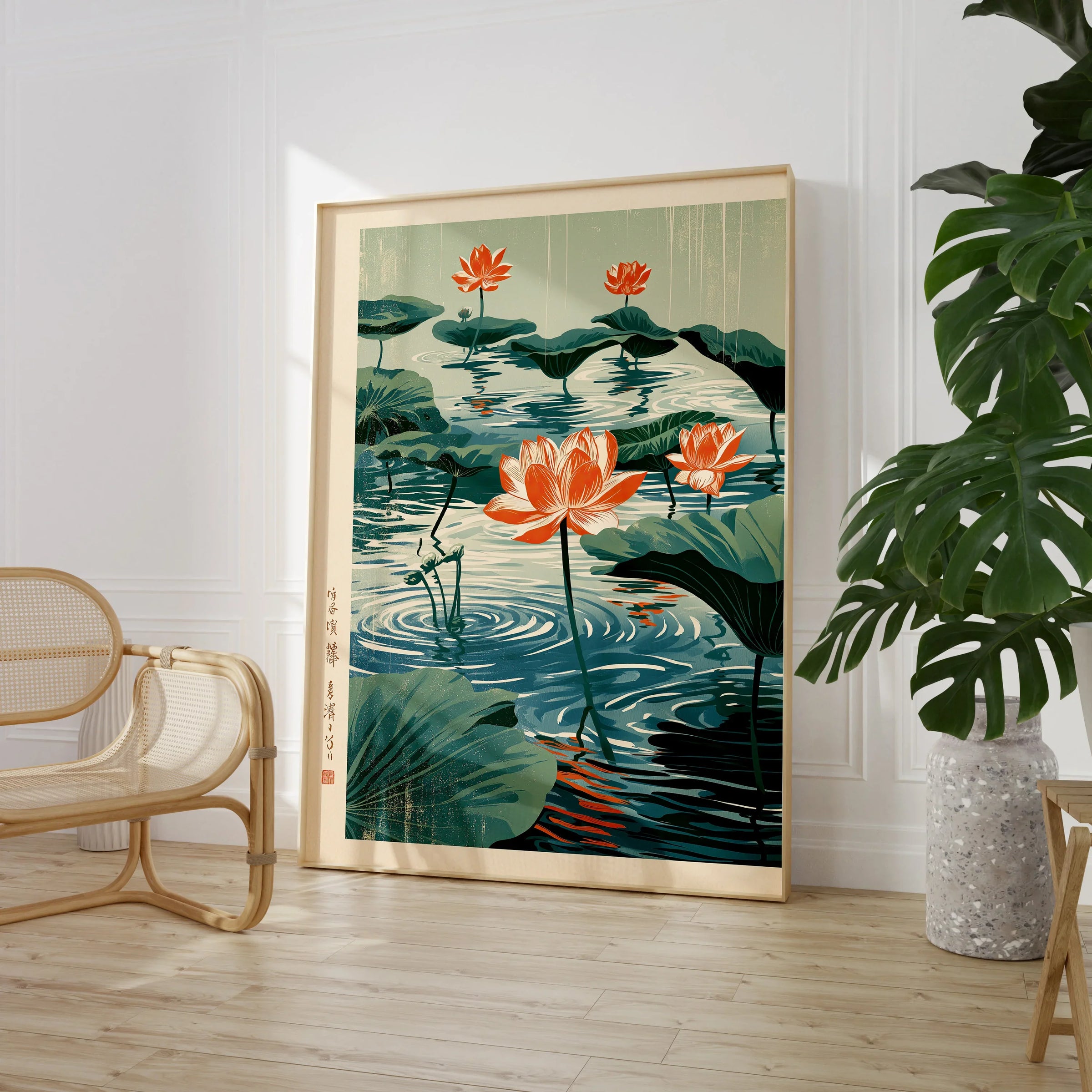 Japanese Lotus Flower Art Print – Vintage Pond Wall Art — large framed print room setting chair plant