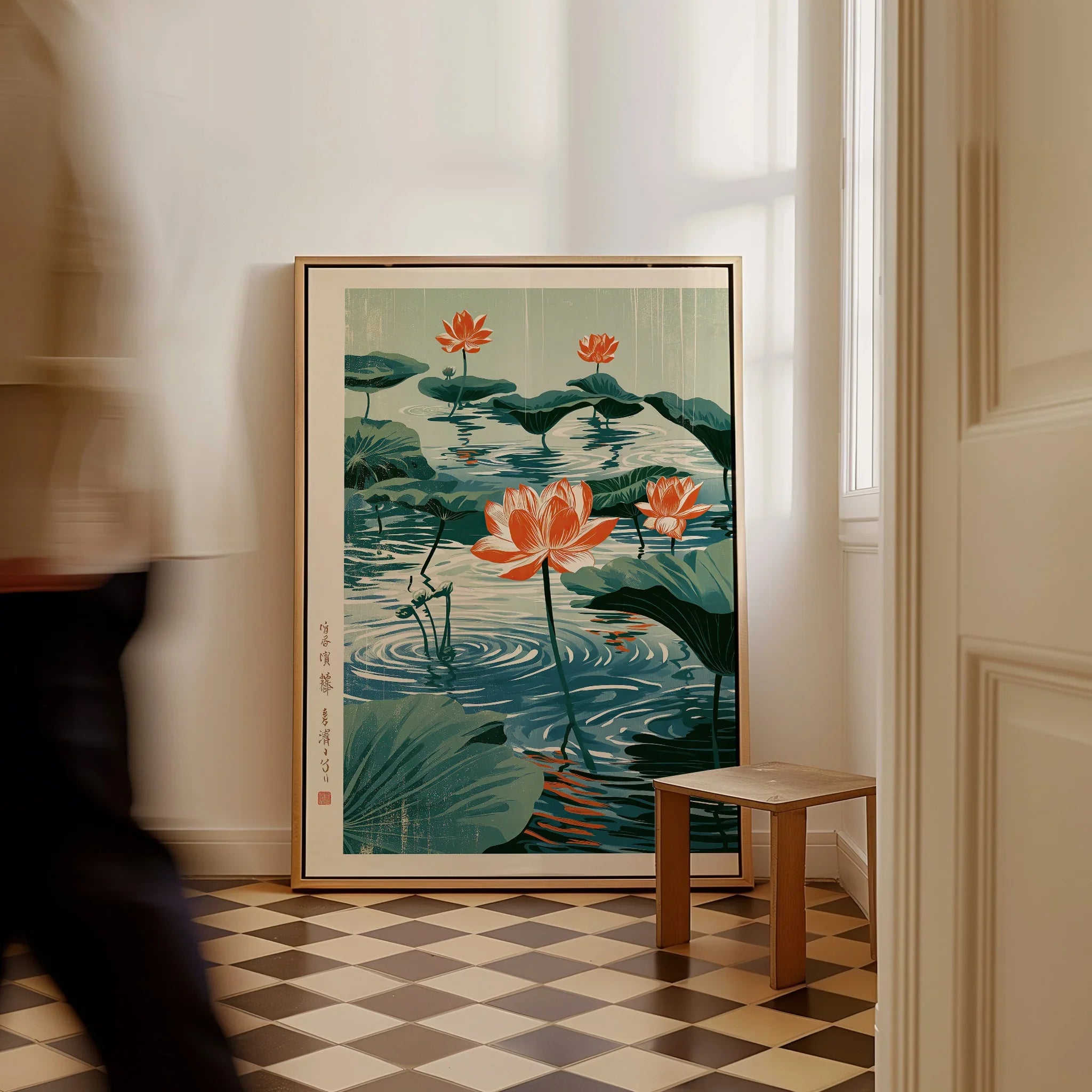 Japanese Lotus Flower Art Print – Vintage Pond Wall Art — framed canvas on floor man walking past