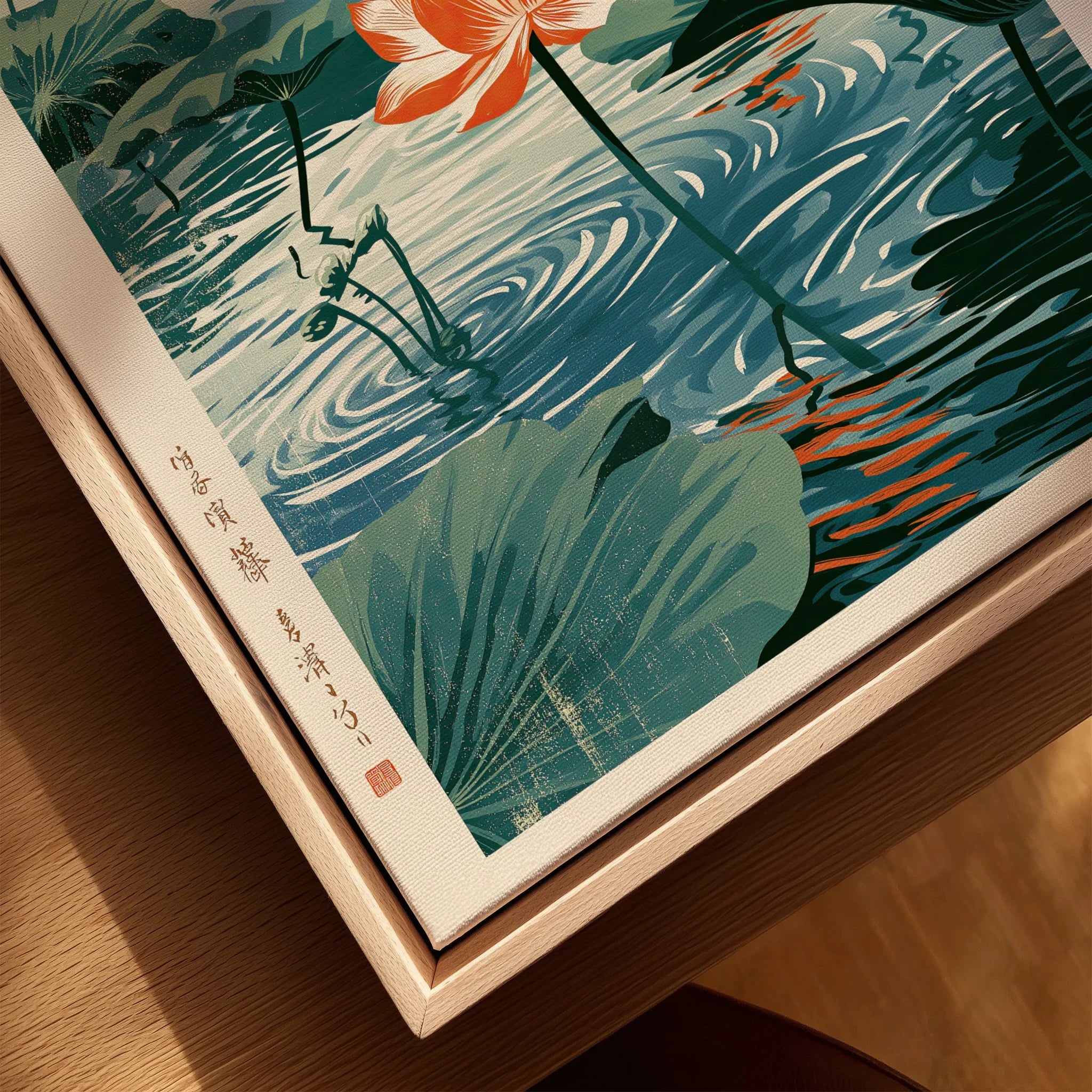 Japanese Lotus Flower Art Print – Vintage Pond Wall Art — closeup framed canvas natural wood floating frame