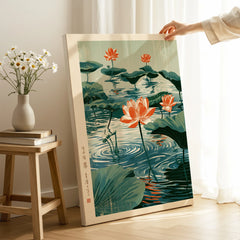 Japanese Lotus Flower Art Print – Vintage Pond Wall Art — canvas print mirror edge hand holding room setting