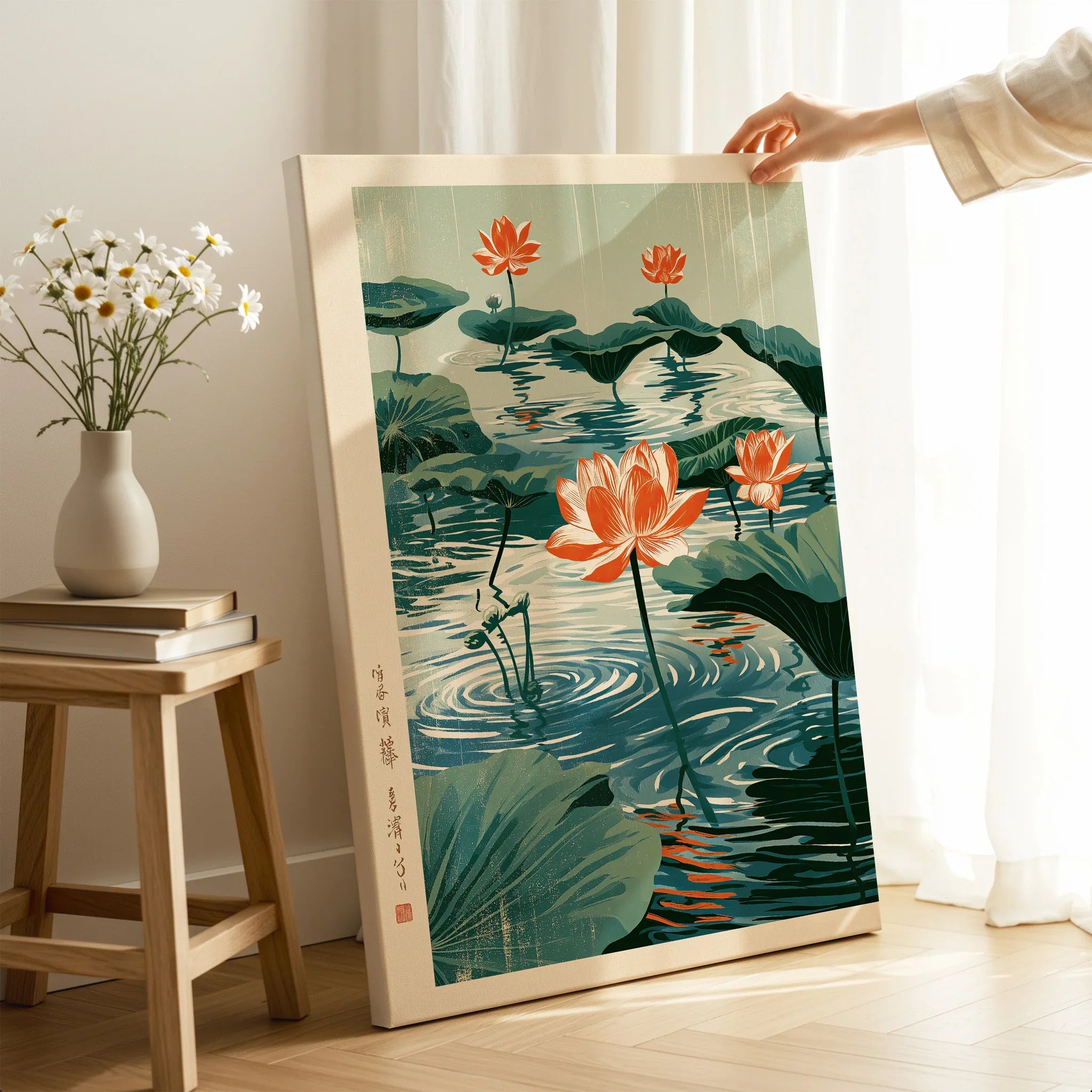 Japanese Lotus Flower Art Print – Vintage Pond Wall Art — canvas print mirror edge hand holding room setting