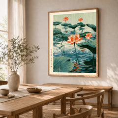 Japanese Lotus Flower Art Print – Vintage Pond Wall Art — dining room framed print natural wood frame