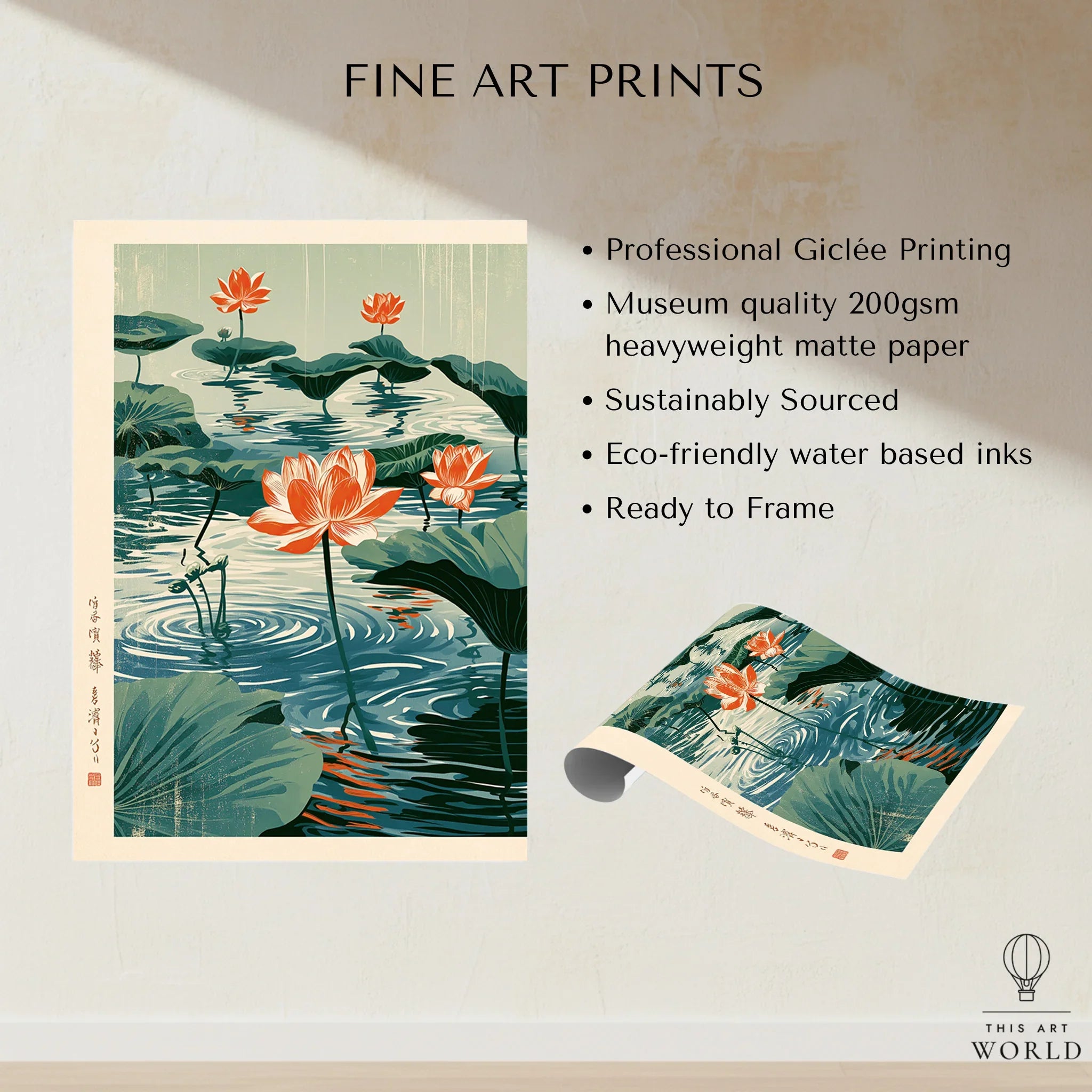 Japanese Lotus Flower Art Print – Vintage Pond Wall Art — fine art print unframed quality details
