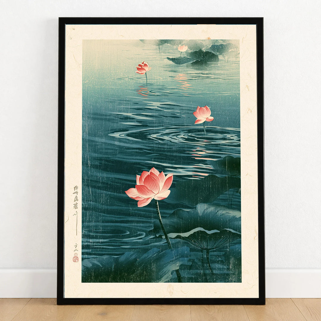 Japanese Lotus Wall Art – Vintage Floral Pond Print — art print in black frame on wooden floor