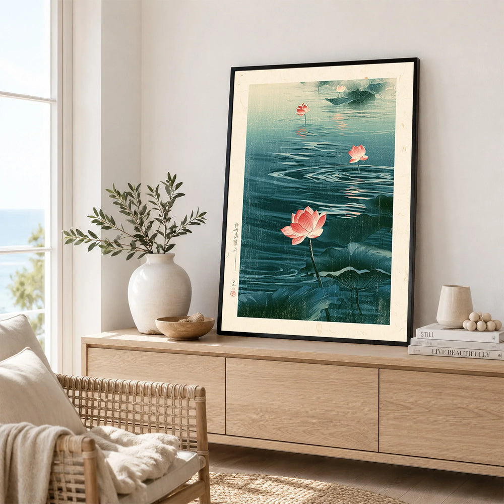 Japanese Lotus Wall Art – Vintage Floral Pond Print — framed artwork living room lifestyle setting