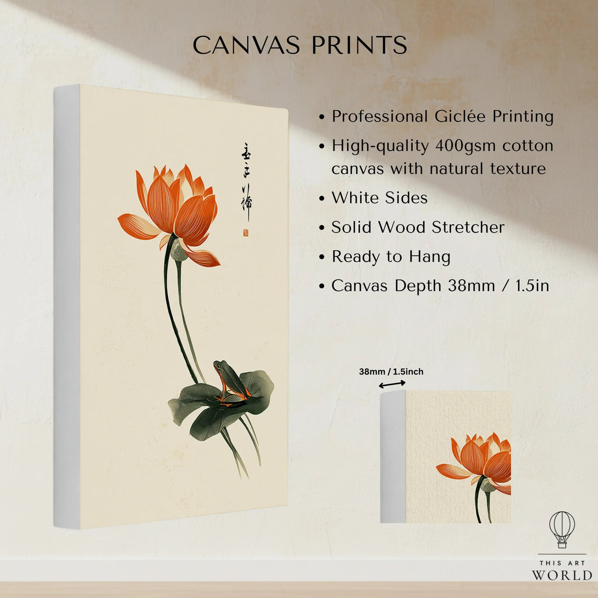 Japanese Lotus Flower Print – Vintage Botanical Wall Art — canvas print stretched cotton canvas details
