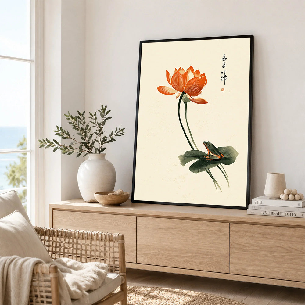 Japanese Lotus Flower Print – Vintage Botanical Wall Art — framed artwork living room lifestyle setting