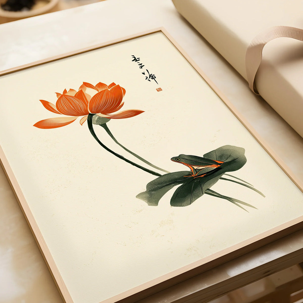 Japanese Lotus Flower Print – Vintage Botanical Wall Art — framed art print closeup gift unwrapped natural frame