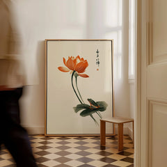 Japanese Lotus Flower Print – Vintage Botanical Wall Art — framed canvas on floor man walking past