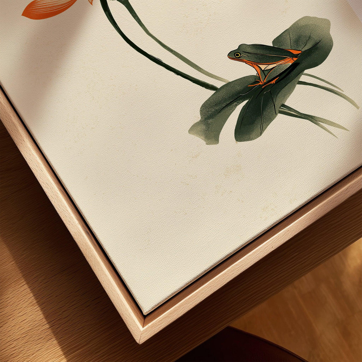 Japanese Lotus Flower Print – Vintage Botanical Wall Art — closeup framed canvas natural wood floating frame
