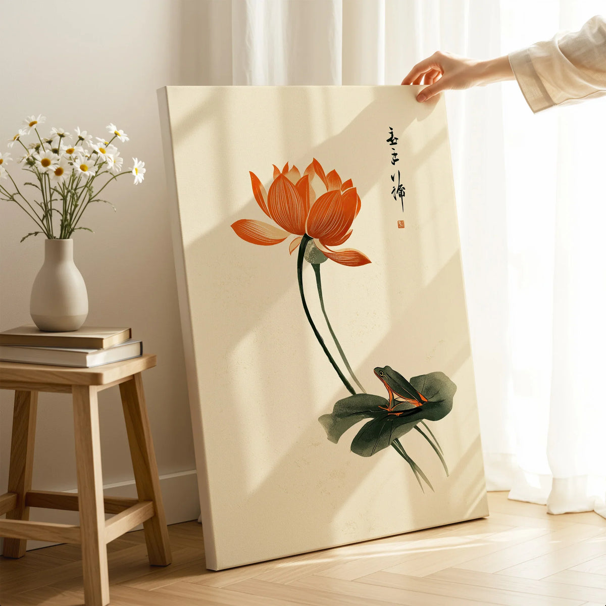 Japanese Lotus Flower Print – Vintage Botanical Wall Art — canvas print mirror edge hand holding room setting