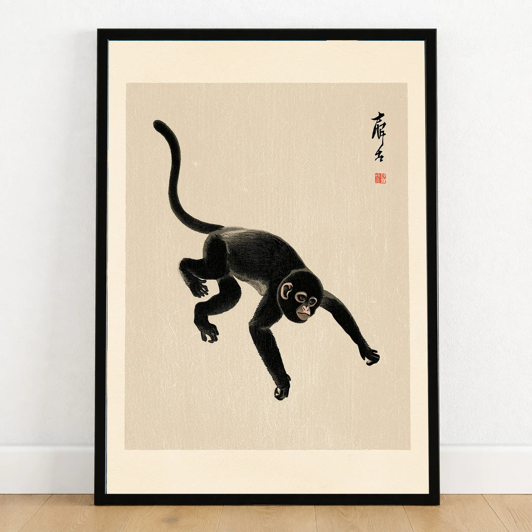 Japanese Monkey Art Print – Vintage Ukiyo-e Style Wall Art — art print in black frame on wooden floor