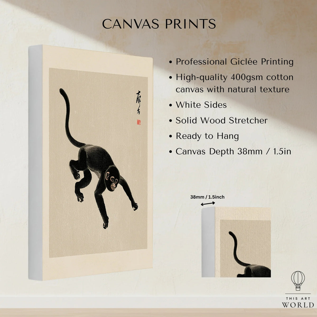 Japanese Monkey Art Print – Vintage Ukiyo-e Style Wall Art — canvas print stretched cotton canvas details