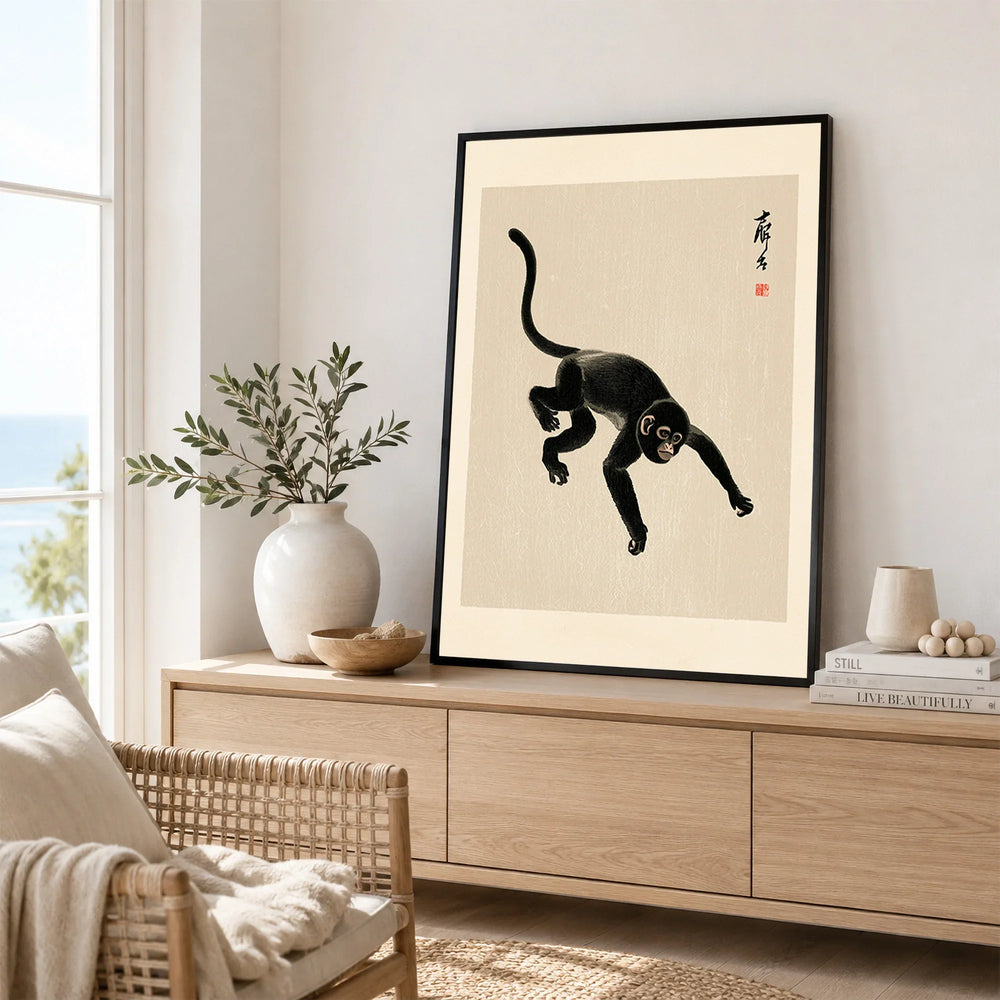 Japanese Monkey Art Print – Vintage Ukiyo-e Style Wall Art — framed artwork living room lifestyle setting