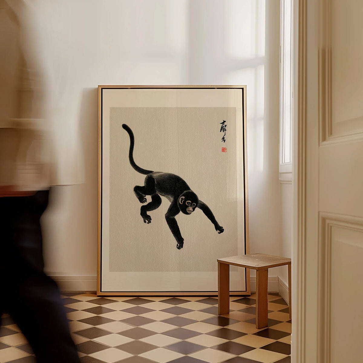 Japanese Monkey Art Print – Vintage Ukiyo-e Style Wall Art — framed canvas on floor man walking past