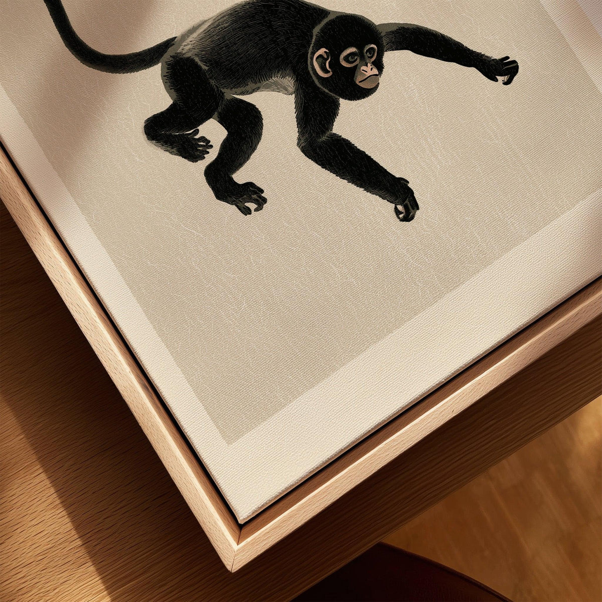 Japanese Monkey Art Print – Vintage Ukiyo-e Style Wall Art — closeup framed canvas natural wood floating frame