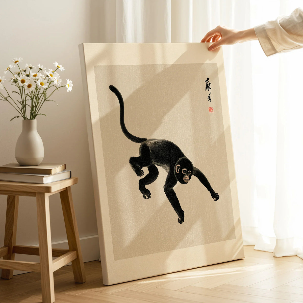 Japanese Monkey Art Print – Vintage Ukiyo-e Style Wall Art — canvas print mirror edge hand holding room setting