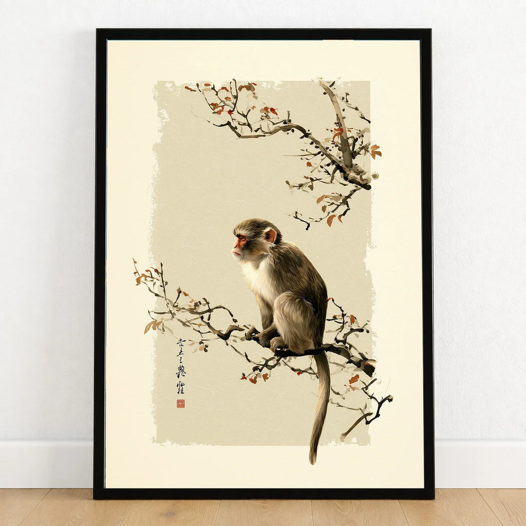 Japanese Monkey Wall Art – Vintage Japanese Nature Print — art print in black frame on wooden floor