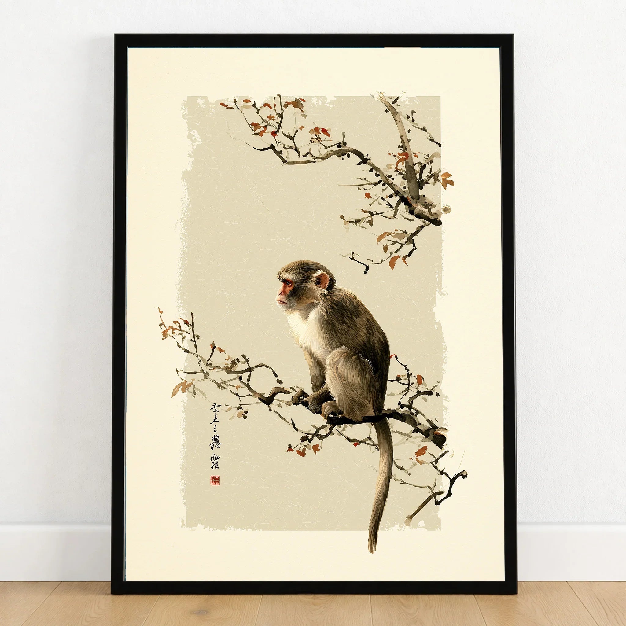 Japanese Monkey Wall Art – Vintage Japanese Nature Print — art print in black frame on wooden floor