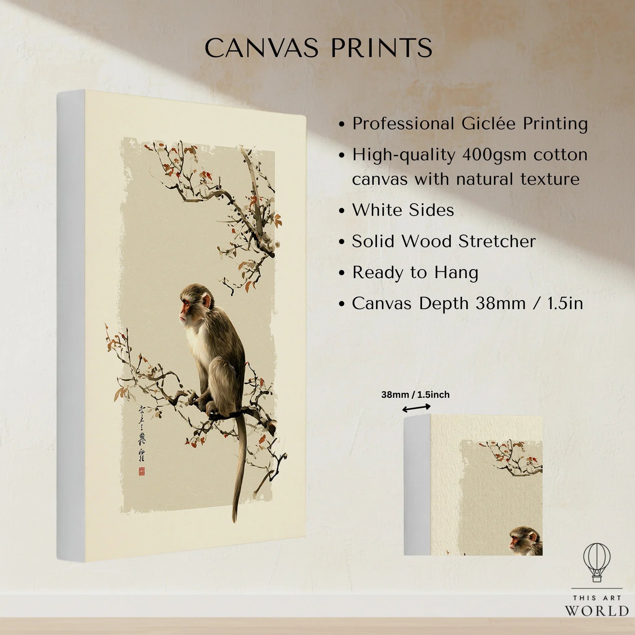 Japanese Monkey Wall Art – Vintage Japanese Nature Print — canvas print stretched cotton canvas details