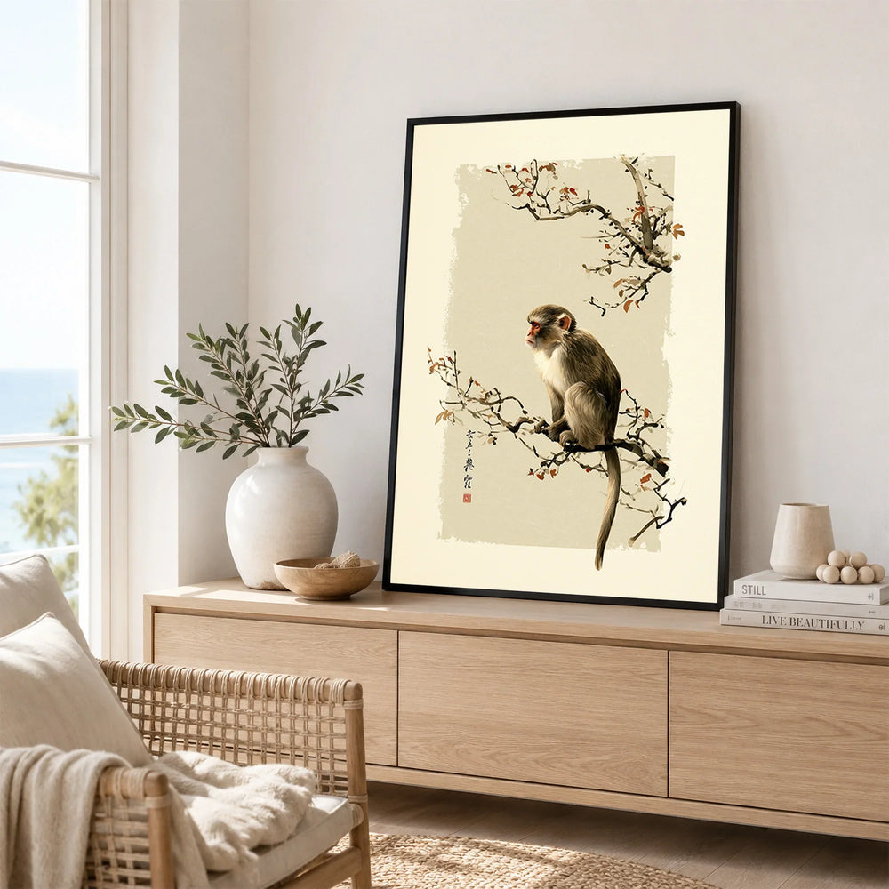 Japanese Monkey Wall Art – Vintage Japanese Nature Print — framed artwork living room lifestyle setting