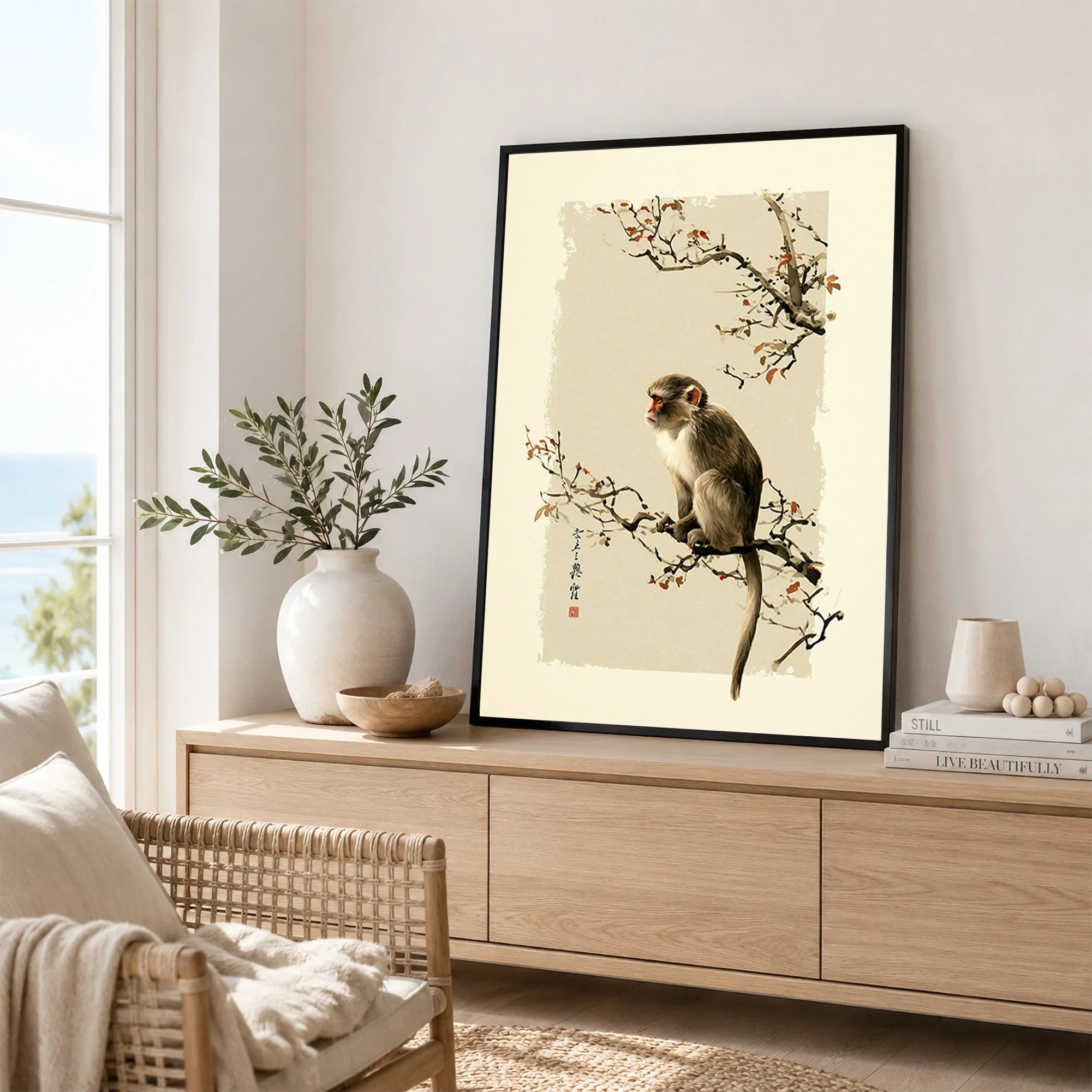 Japanese Monkey Wall Art – Vintage Japanese Nature Print — framed artwork living room lifestyle setting